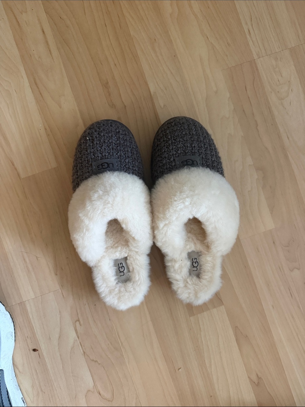 UGG Gray Knit Slippers with Cream Sheepskin Collar
